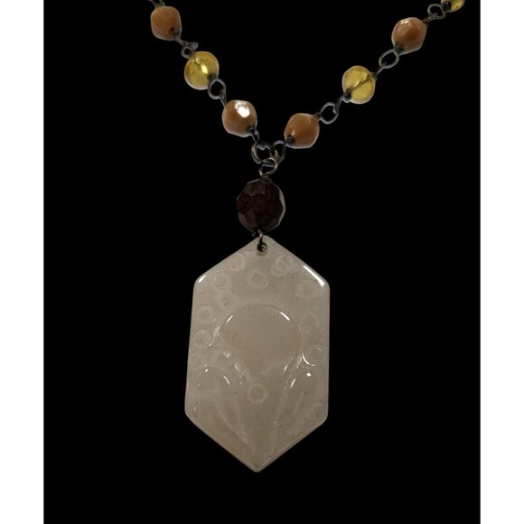 Vintage Carved Quartz Pendant Necklace With Beaded Chain - Picture 2 of 10